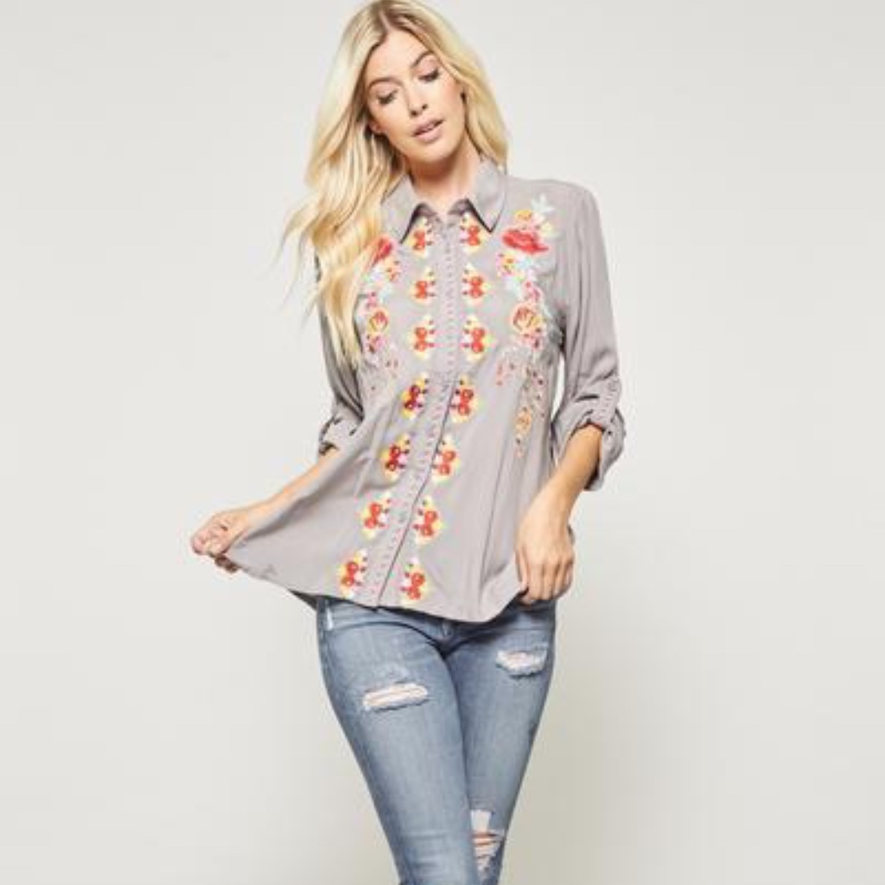 Classic Floral Embroidery Button Up
